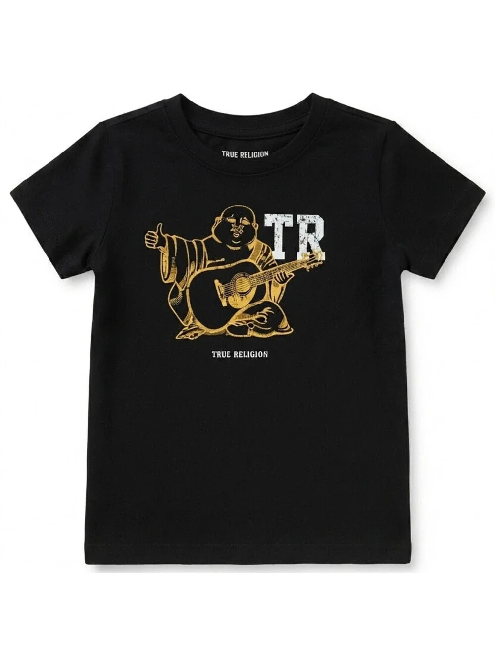 True Religion World Tour Buddha Guitar Logo Black T-Shirt Kids Size 6 EUC